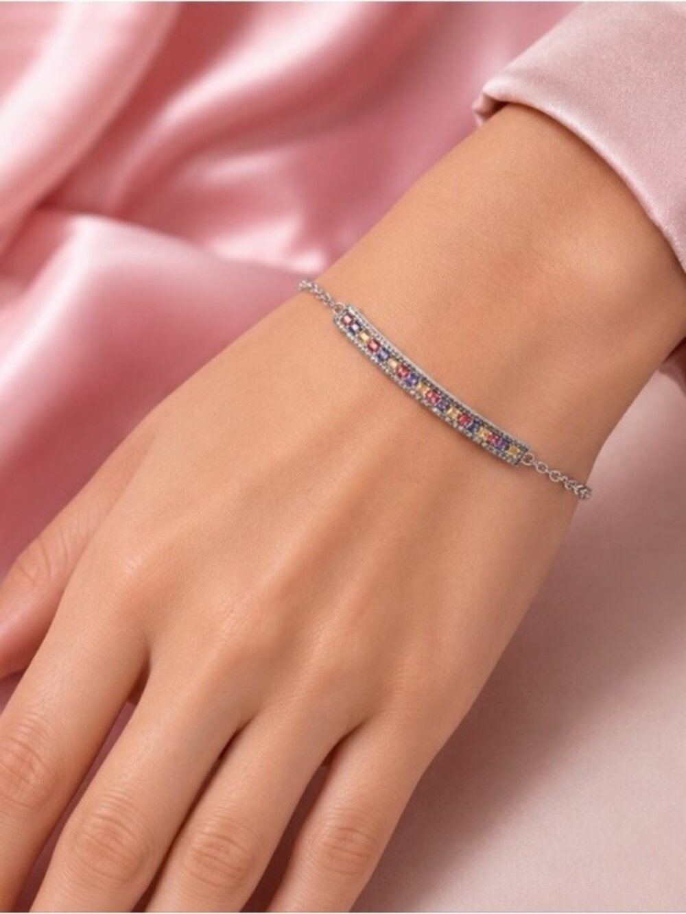 925 Sterling Silver Tennis Bracelet 7.5" with Natural Multicolor Sapphires